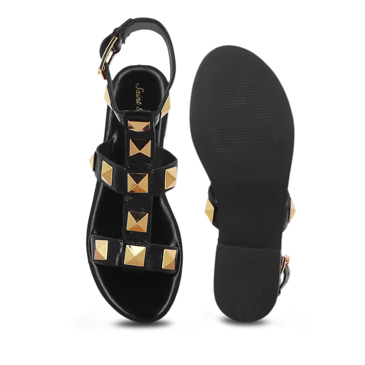 Saint Gaia Black Leather Flat Buckle Sandals