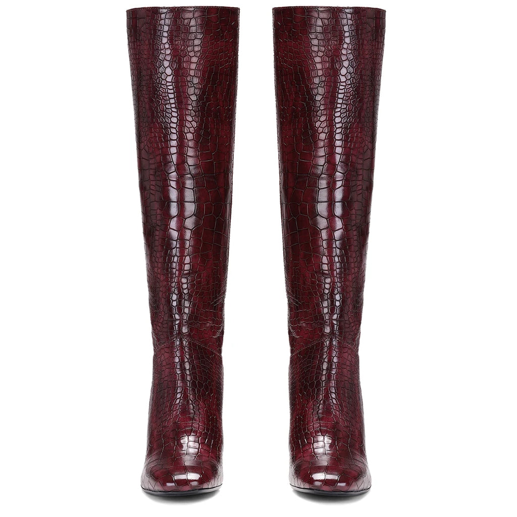 Saint Emily Burgundy Croco Vegan Leather Knee High Boots - SaintG US