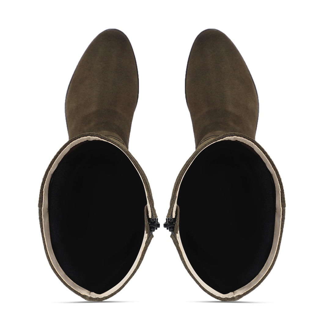 Saint Damaris Suede Olive Decorative Leather Knee High Boots