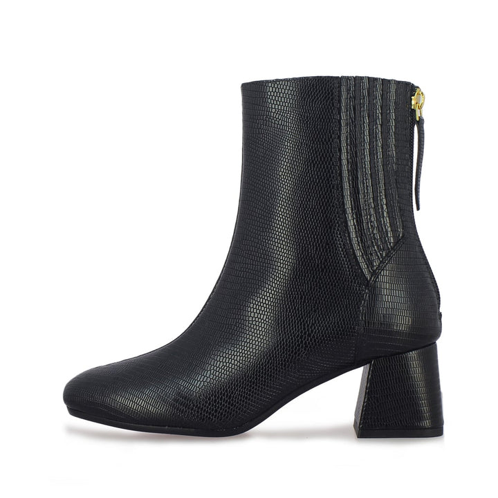 Stellina Black Leather Back Zip Block Heel Boots