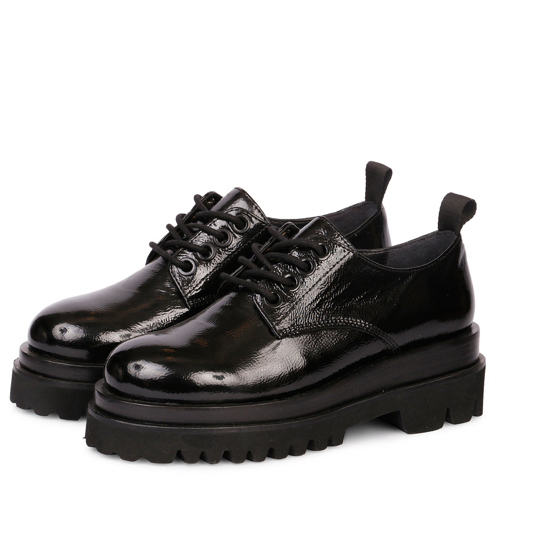 Erica Black Patent Leather Lace Up Moccasins