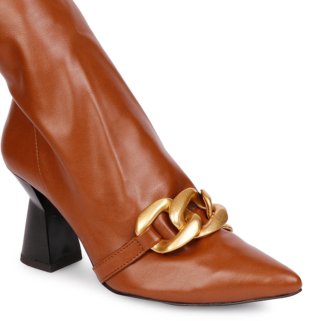 Rosalie Cuoio Stretch Napa Gold Metal Chain Calf Boots