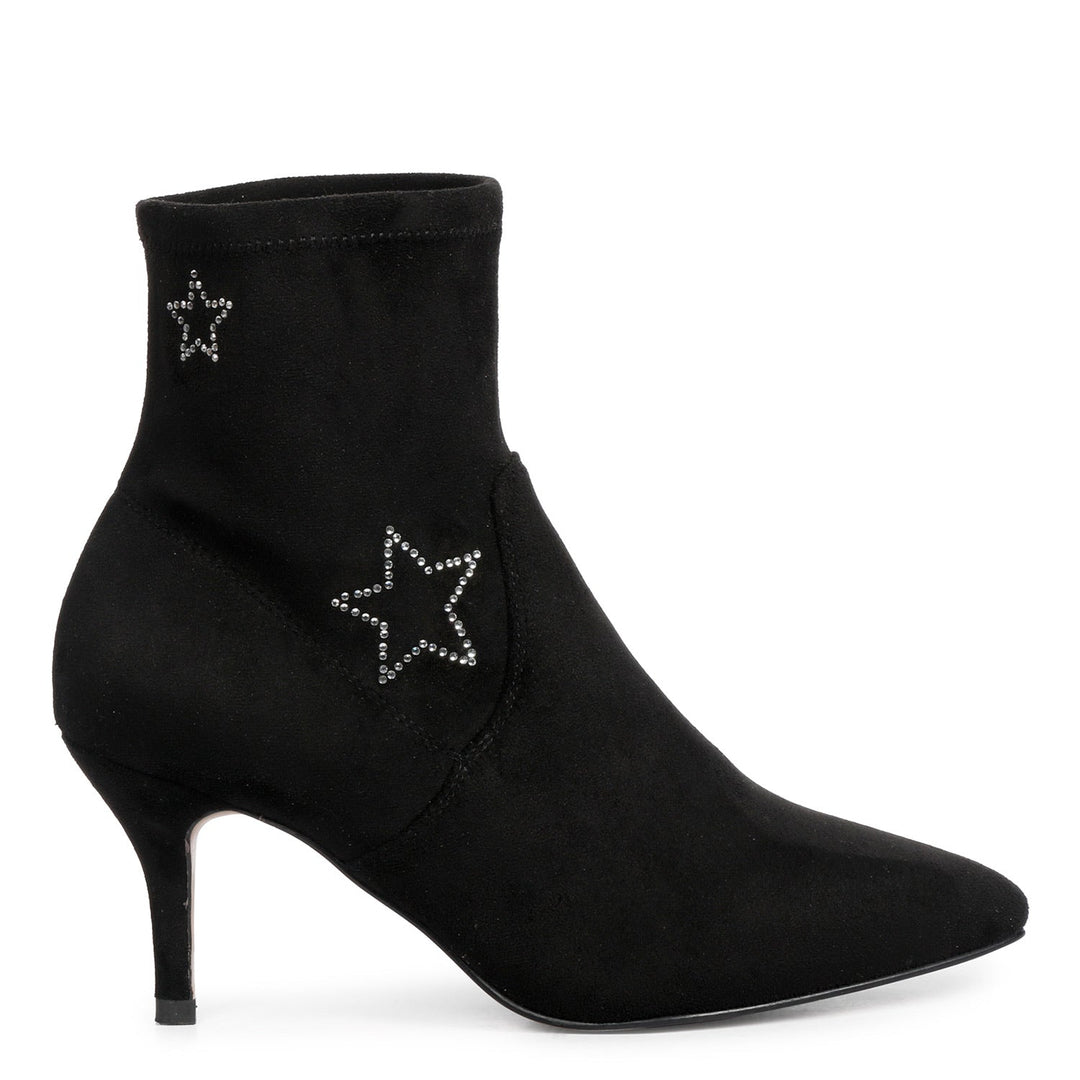 Saint Penelope Silver Star Black Stretch Suede Kitten Ankle Boots