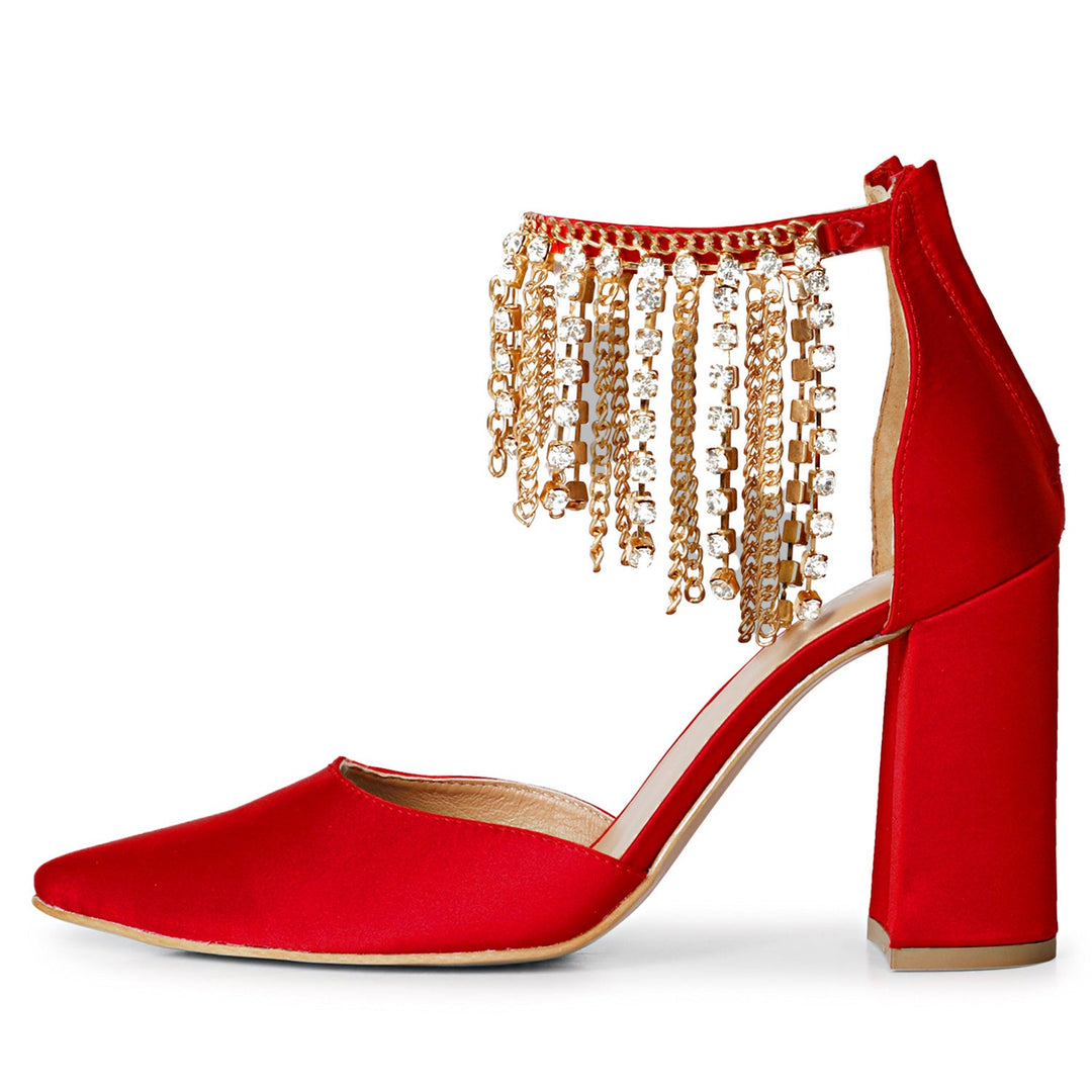 Saint Fayette Stone Studded Chain Red Satin Block Heels