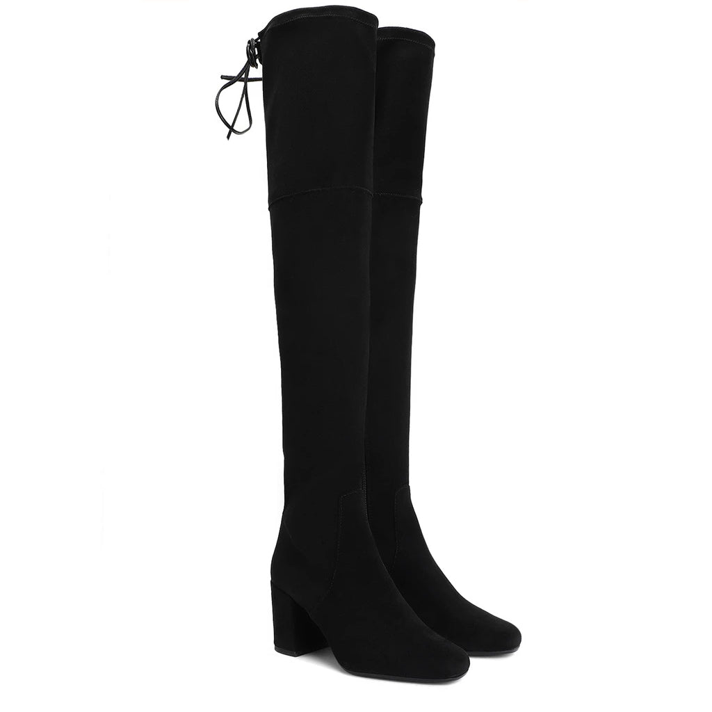 black stretch dress boots Stretch Knee Heel Boots-Black