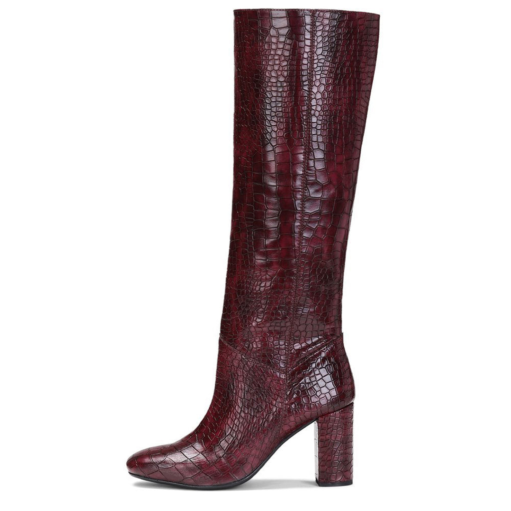 Saint Emily Burgundy Croco Vegan Leather Knee High Boots - SaintG US