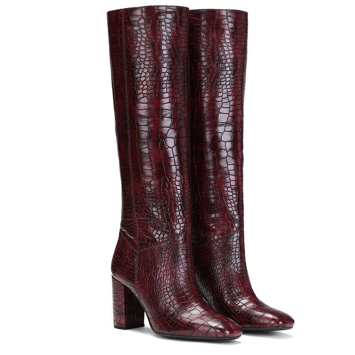 Saint Emily Burgundy Croco Vegan Leather Knee High Boots - SaintG US