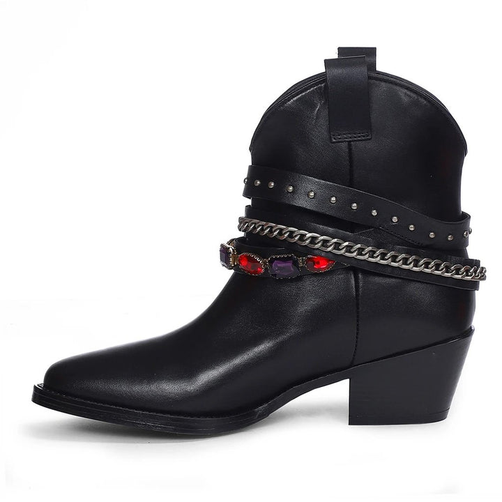 Louanne Black Leather Rhinestone Studded Décor Boots