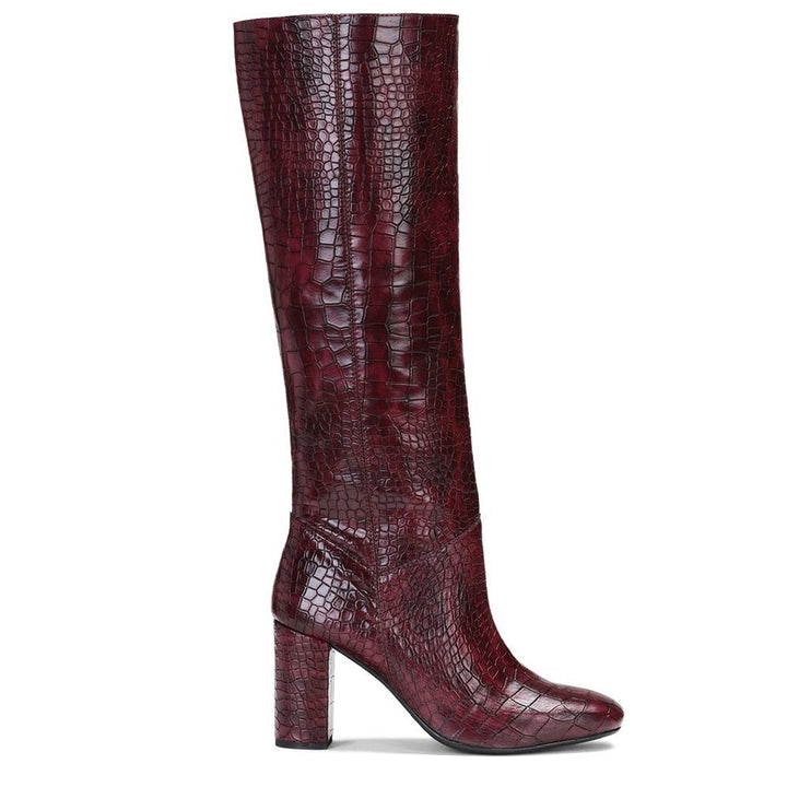 Saint Emily Burgundy Croco Vegan Leather Knee High Boots - SaintG US