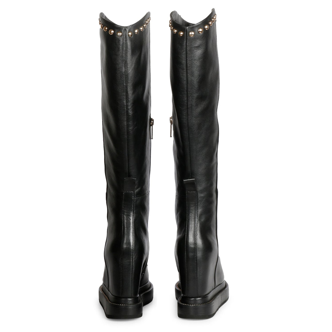 Saint Adelmo Studded Black Leather Inside Wedge Heel Long Boots