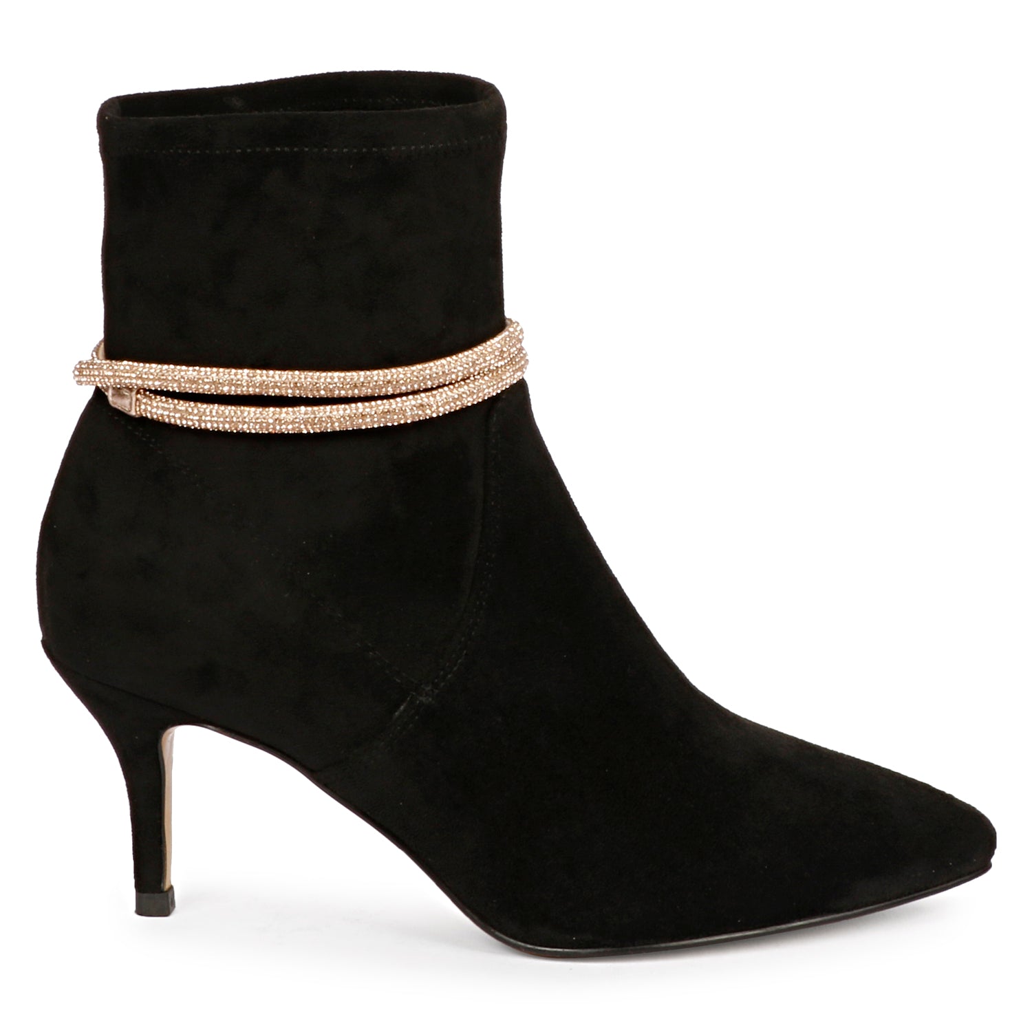 Saint Jemima Black Stretch Suede Kitten Heel Golden Cord String Ankle Boots