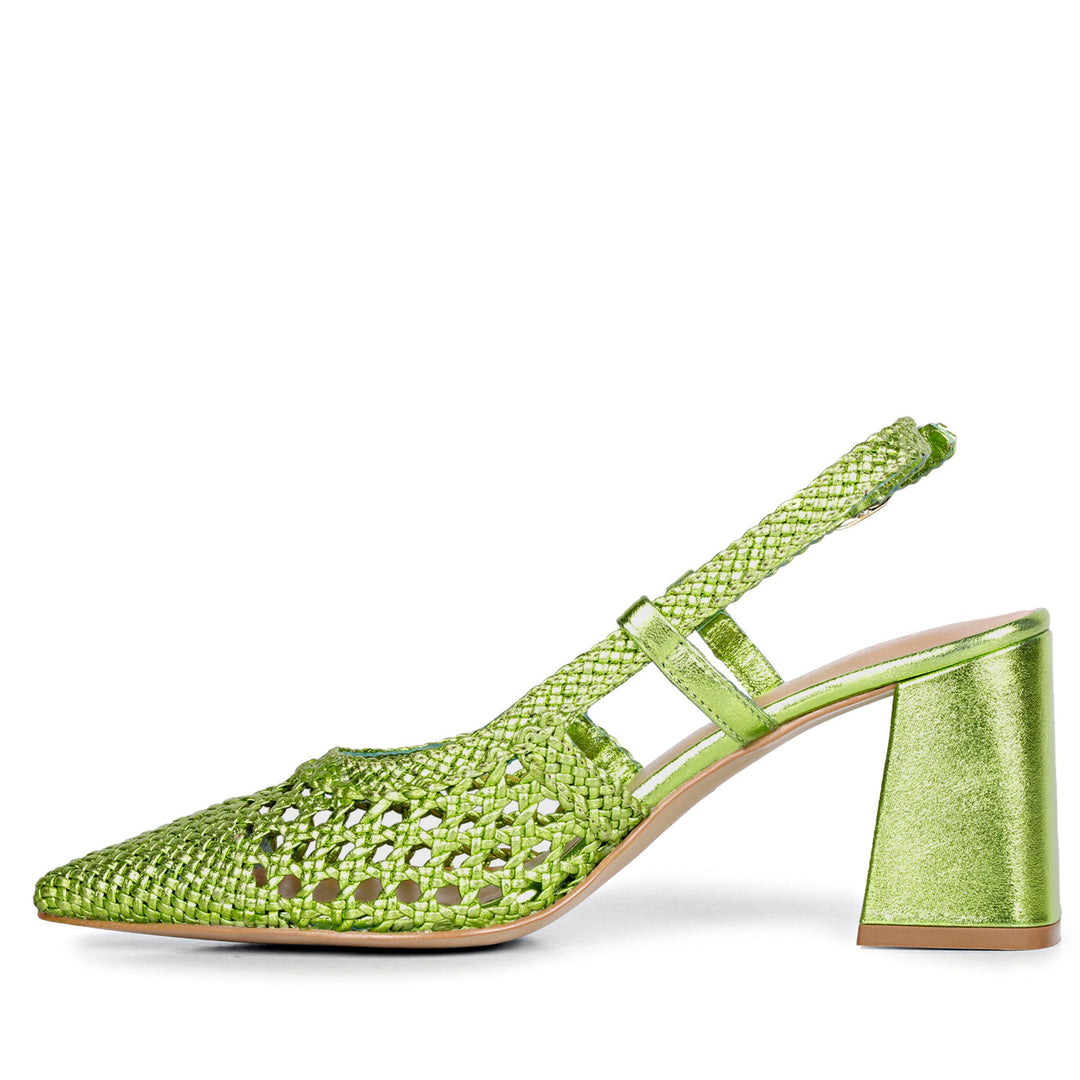 Saint Fabienne Green Metallic Hand Woven Leather Block Heels