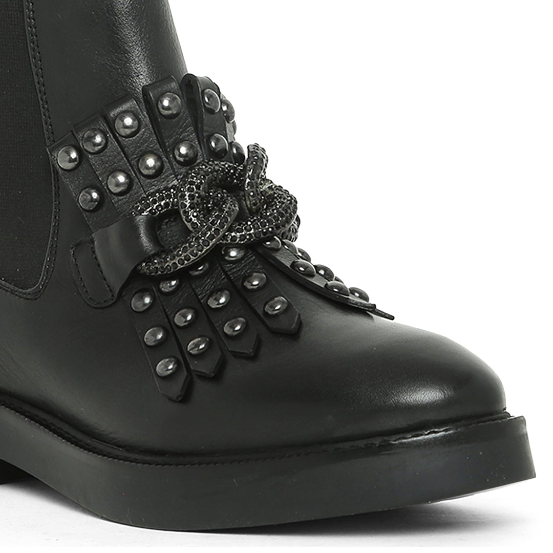 Saint Maeve Black Leather Decor Chain Link Studded Boots