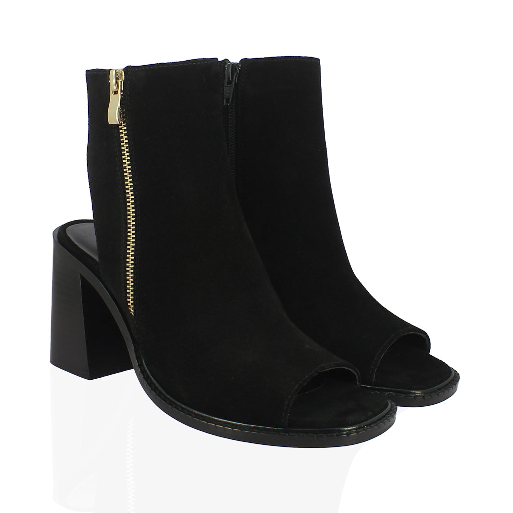 Trudy Black Suede Leather High Ankle Block Heels