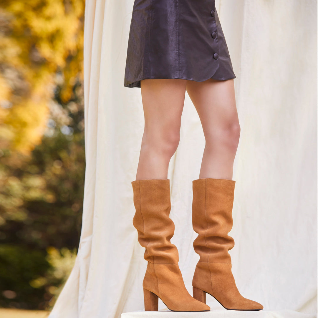 Saint Priscilla Tan Suede Leather Knee High Slouch Boots - SaintG US