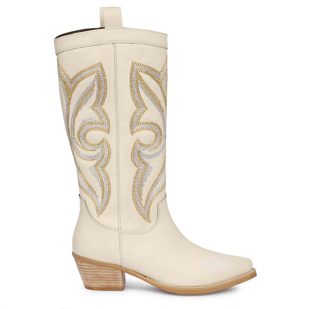 Martina White Stitched Leather Handcrafted Cowboy Boots