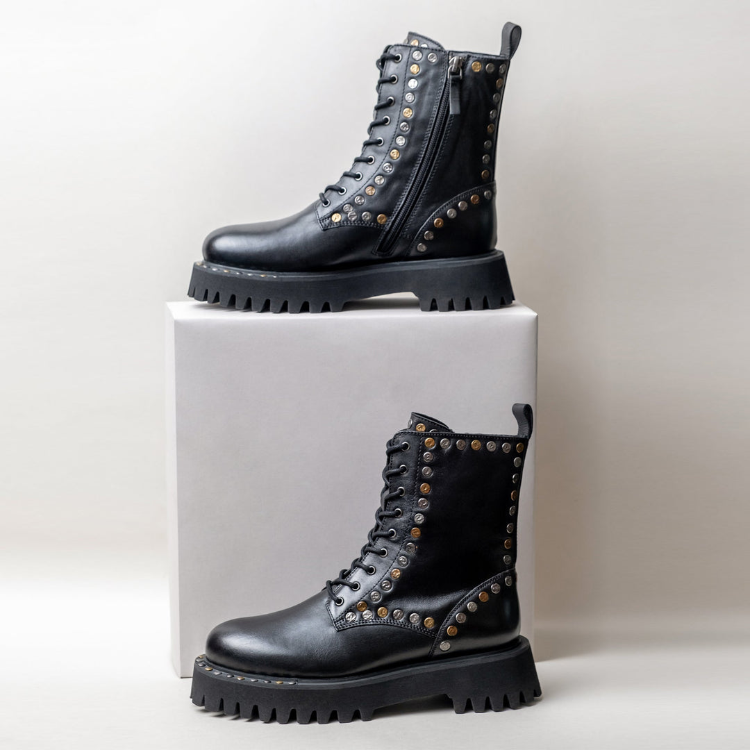 Saint Natalie Metal Studs Lace Up High Ankle Leather Boots