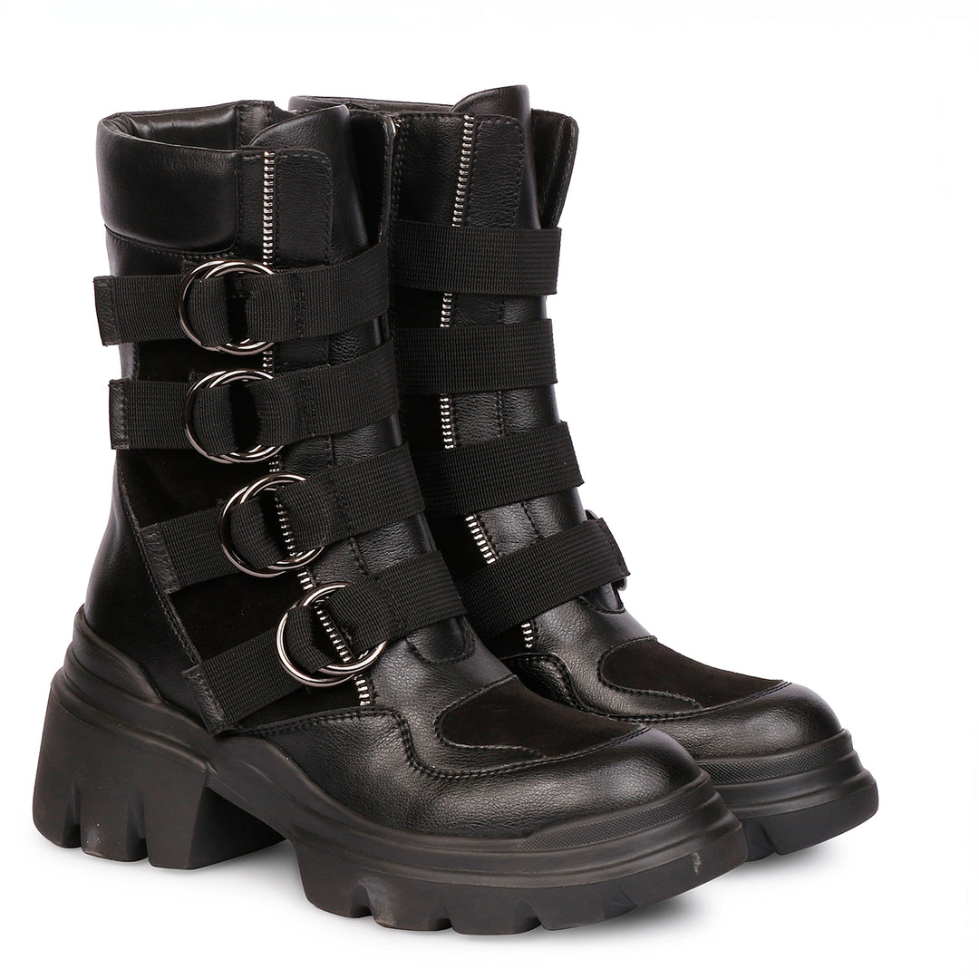 Alyssa Black Leather Buckle Decor High Ankle Boots