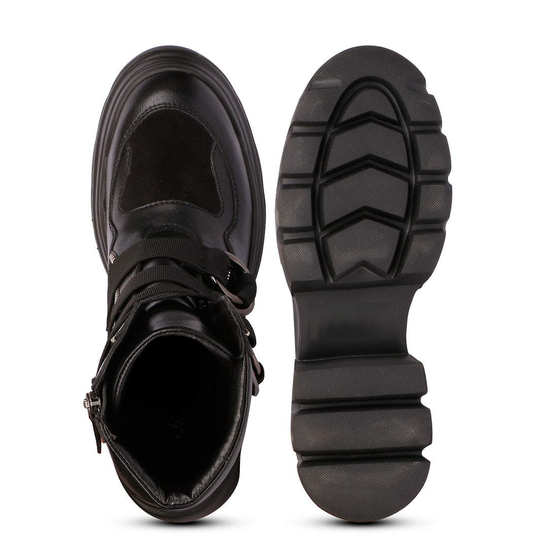 Alyssa Black Leather Buckle Decor High Ankle Boots