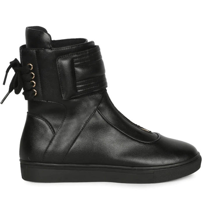 Saint Gabriella Black Leather Front Zipper Round Toe Heel Sneakers