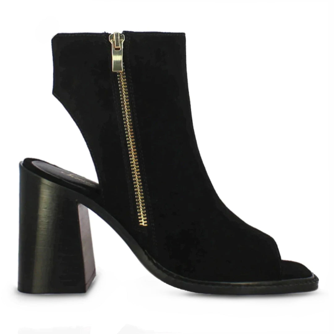 Trudy Black Suede Leather High Ankle Block Heels