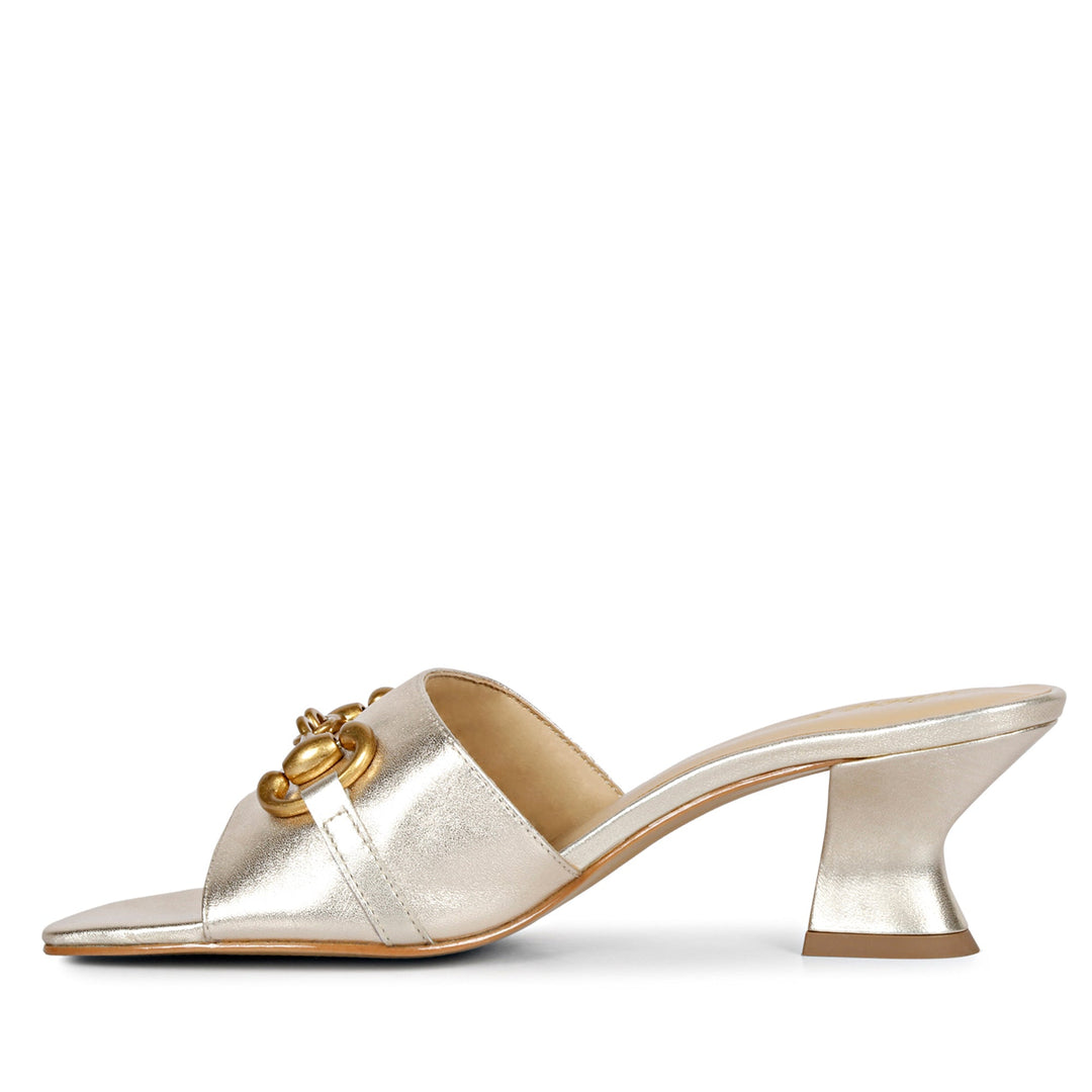 Saint Bianca Platin Leather Gold Horsebit Sculpted Mid Heels