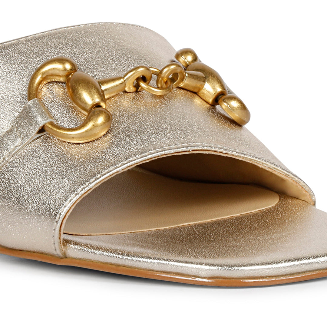 Saint Bianca Platin Leather Gold Horsebit Sculpted Mid Heels