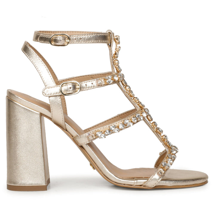 Saint Alyssa Silver Stone Embellished Gold Metallic Strappy Leather Block Heels