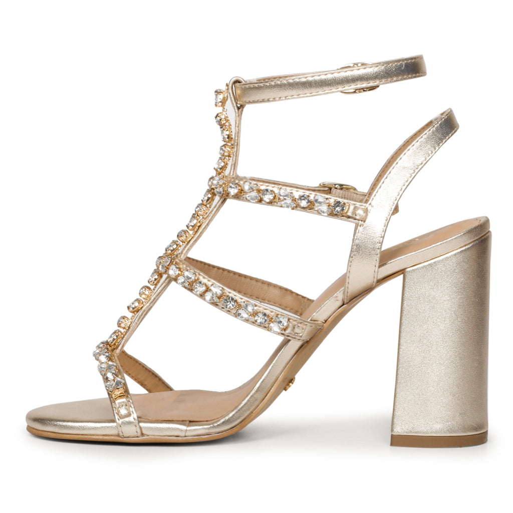 Saint Alyssa Silver Stone Embellished Gold Metallic Strappy Leather Block Heels