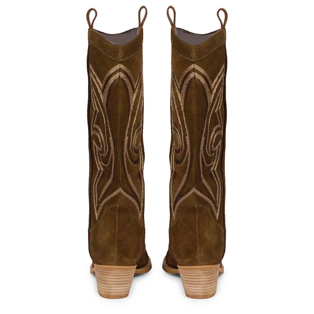 Martina Khaki Stitched Leather Handcrafted Cowboy Boots