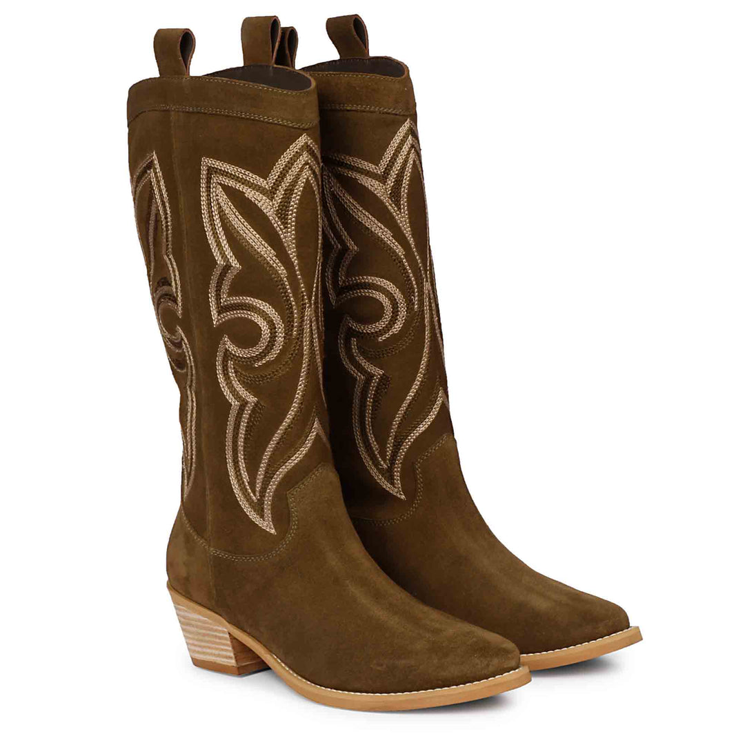 Martina Khaki Stitched Leather Handcrafted Cowboy Boots