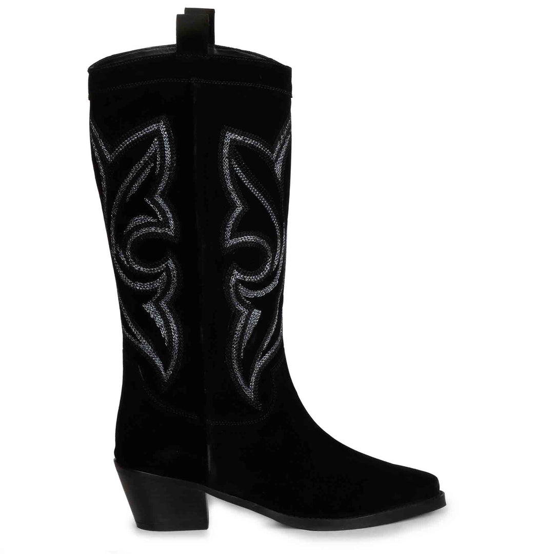 Martina Black Stitched Leather Handcrafted Cowboy Boots