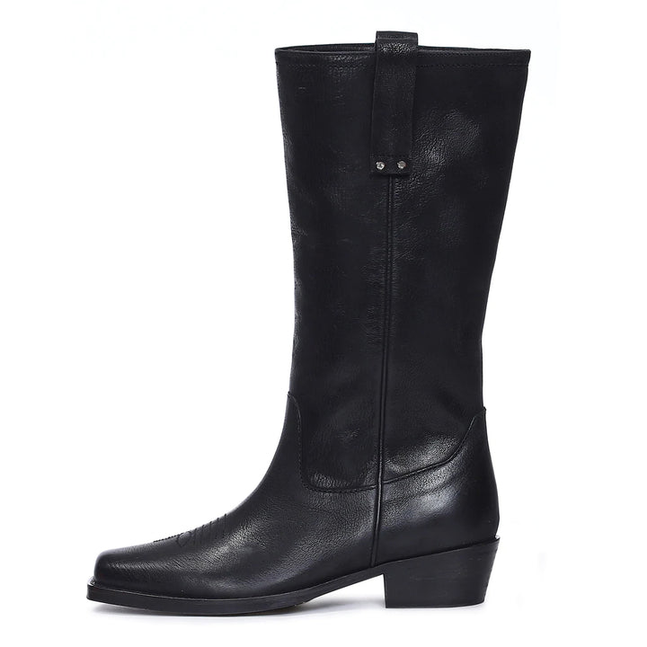 Valery Black Leather Cowboy Calf Boots