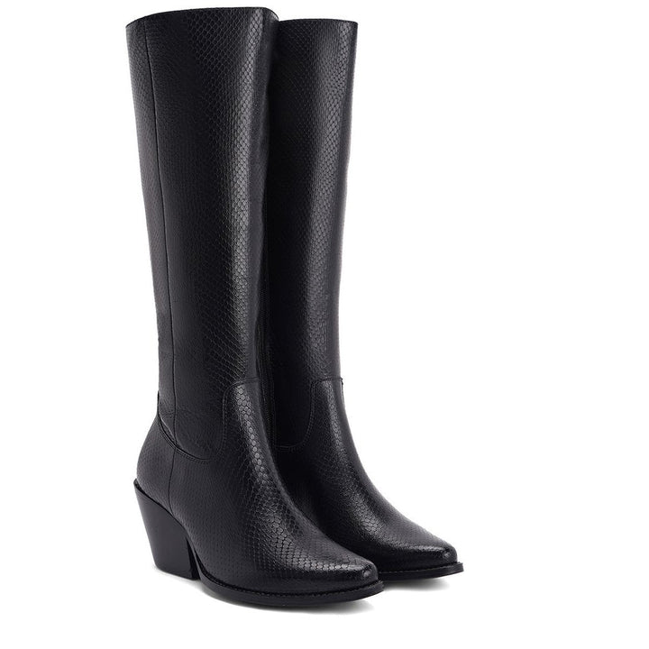 Saint Clochette Snake Embossed Black Leather Knee High Boots - SaintG US 