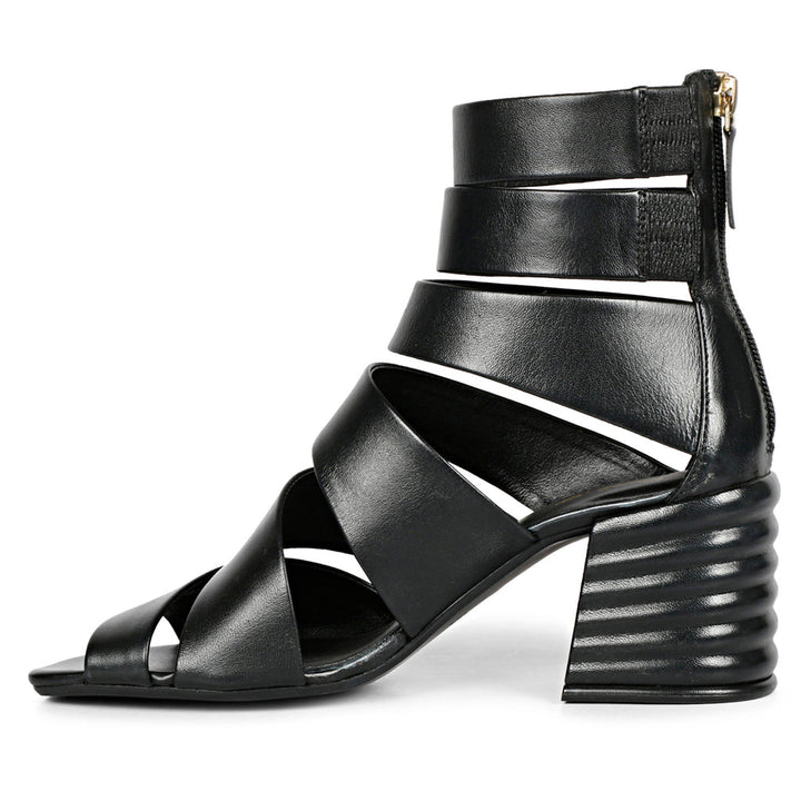 Elena Black Leather Handcrafted Strappy Block Heels